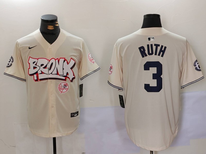 Men New York Yankees #3 Ruth Cream joint name 2024 Nike MLB Jersey style 3